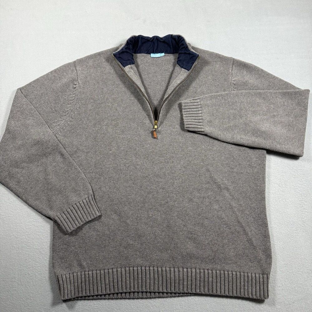 J. McLaughlin Men’s Grey Quarter Zip Combed Cotton Sweater Navy Collar XL